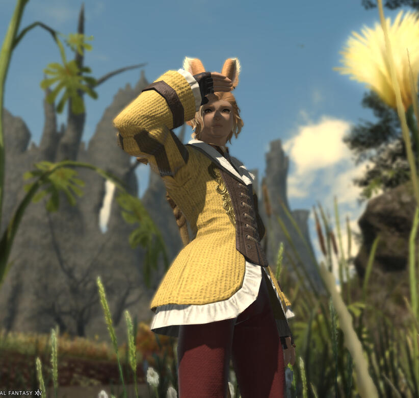 Amir standing in a field of flowers, blocking his eyes from the Sun